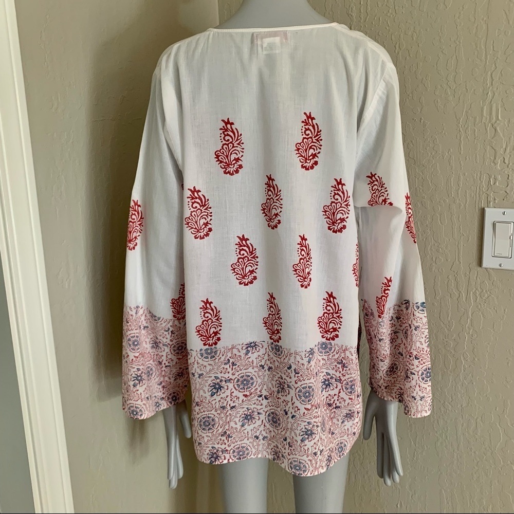 VELVET By Graham & Spencer Block Print Peasant Tunic Blouse 100% Cotton V-Neck - Picture 10 of 15